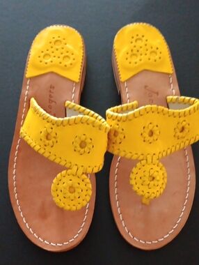 Jack Rogers Yellow Leather Thong Sandals with Whipstitch Detail